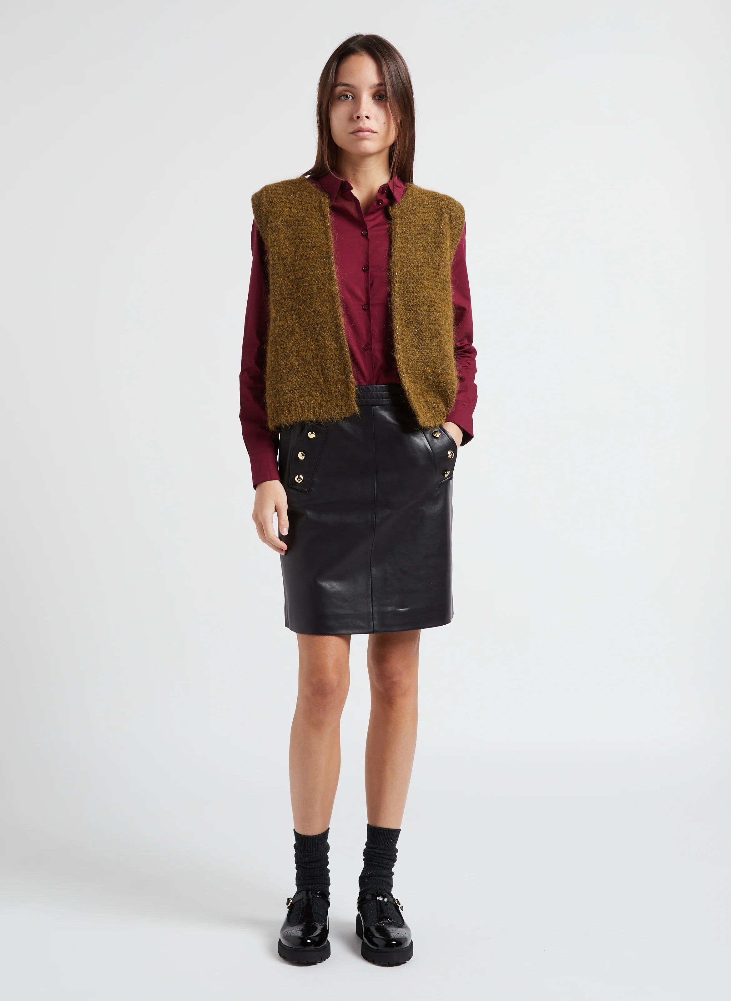 GOTANAX - Gilet col rond droit en maille | Vert