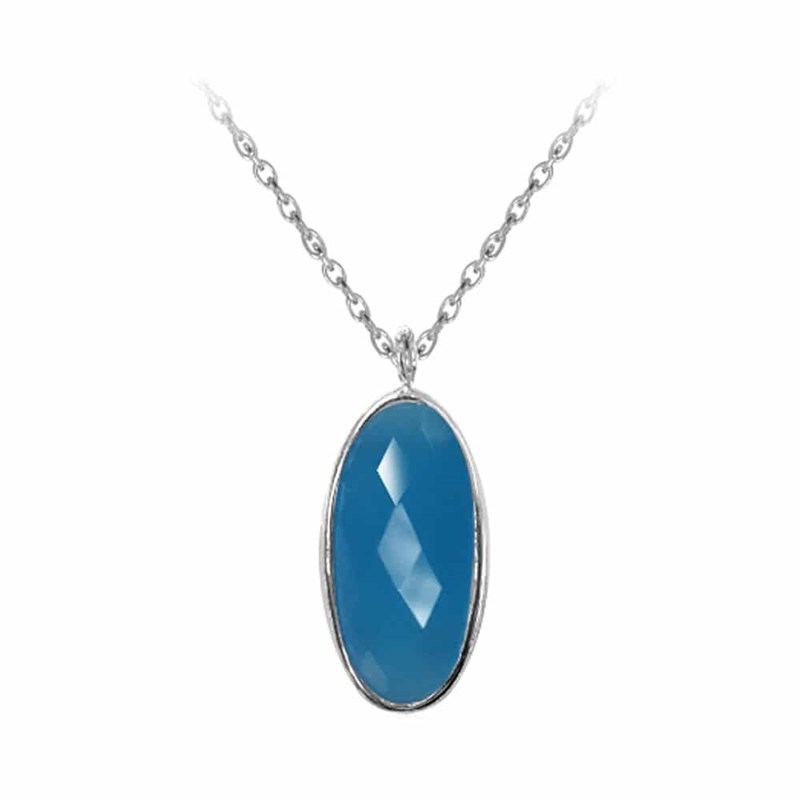 Collier Argent Rhodie Médaillon Ovale Facette Bleu
