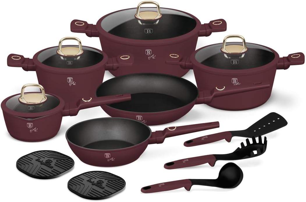 Berlinger Haus Leonardo Collection Topfset 15-teilig – Matt Bordeaux – Induktion – TitanPro Antihaftbeschichtung – Geschmiedetes Aluminium – PFOA-frei – Mit Küchenhelfern & Silikonuntersetzern