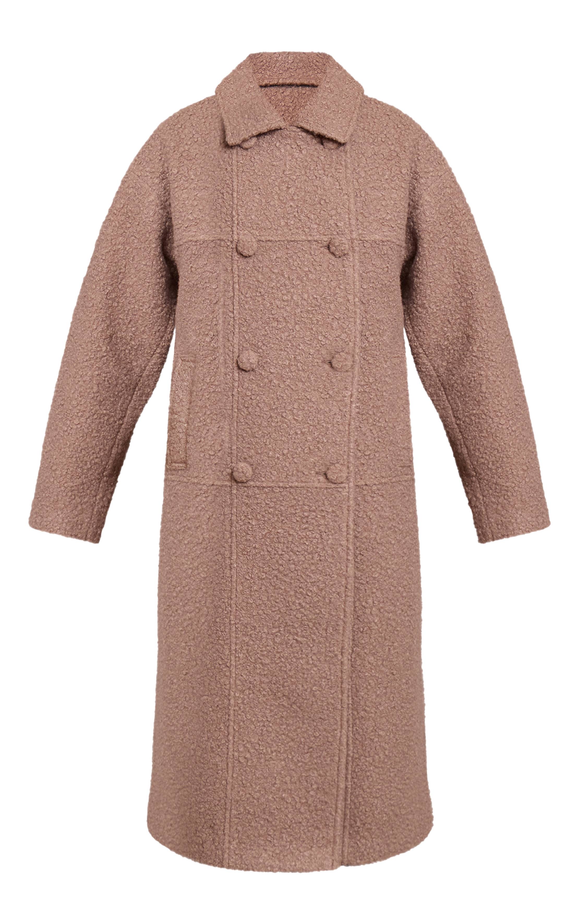 Taupe Manteau Maxi En Bouclé À Double Boutonnage