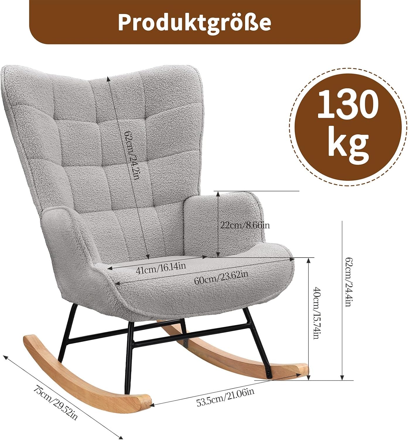 Schaukelstuhl Relaxsessel Stillsessel Schaukelsessel Wohnzimmersessel Schwingsessel mit Metallgestell und Holzsockel, Belastbarkeit Bis 130 Kg, Teddystoff, Hellgrau, 75 x 68 x 92 cm