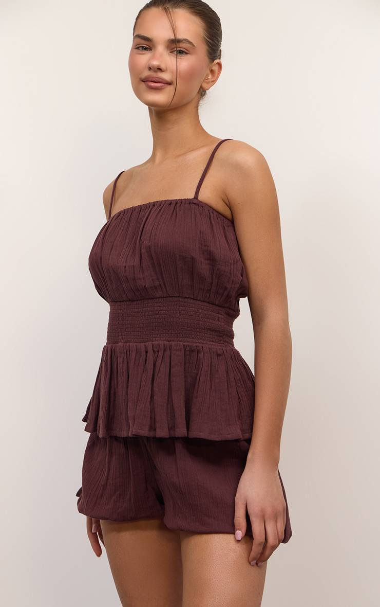 Marron Short Ample En Gaze Texturée Ensemble Coordonné