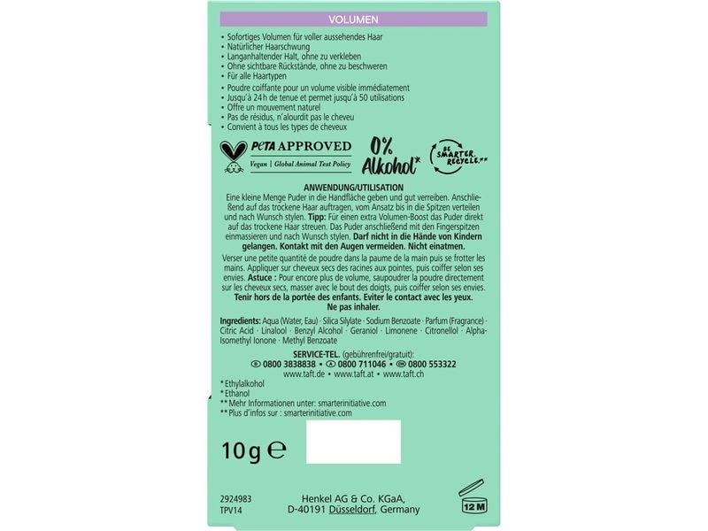 Schwarzkopf Taft Haarpuder Volumen 10 g Styling-Haarpuder bietet einen Volumenschub für sofort voller aussehendes Haar