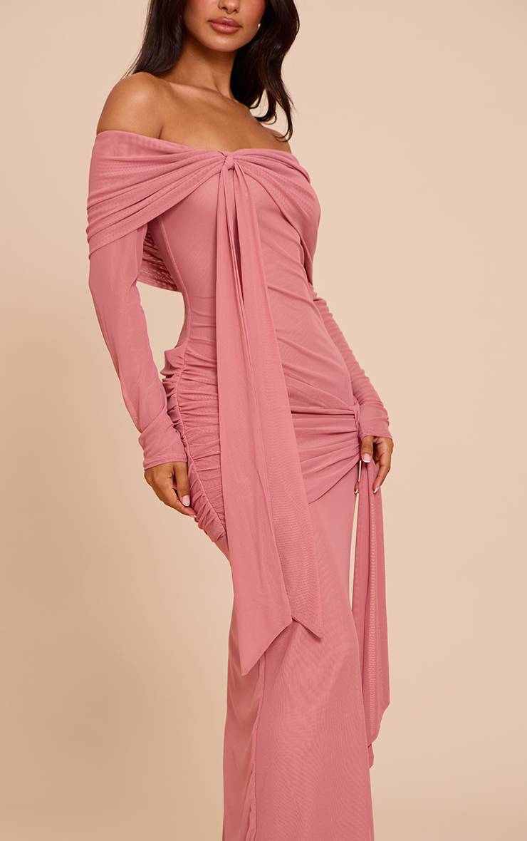 Deep Pink Robe Longue Maxi Bardot Asymétrique À Manches Longues Petite