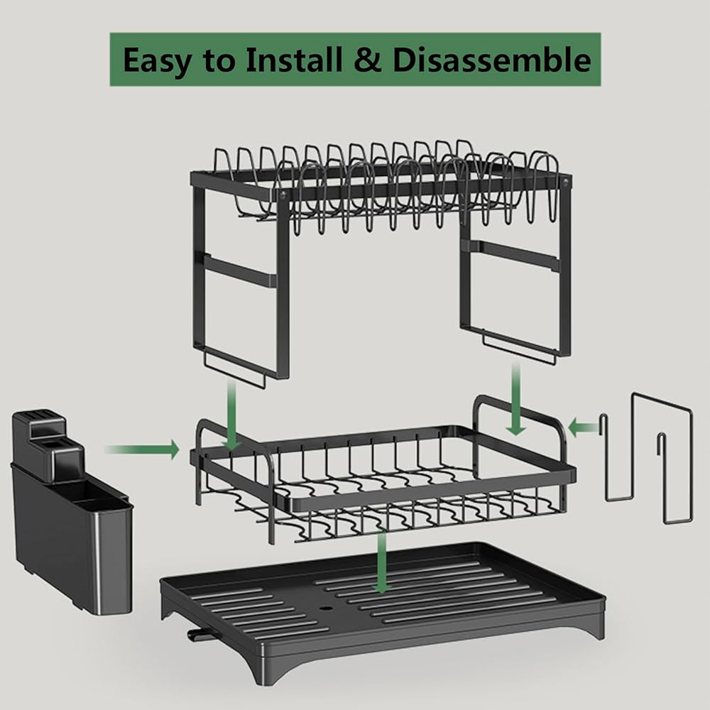 Égouttoir à vaisselle à 2 niveaux avec porte-ustensiles et porte-gobelet - Anti-rouille - Amovible - Pour comptoir de cuisine - Économie d'espace - Avec drainage automatique : Cuisine et Maison
