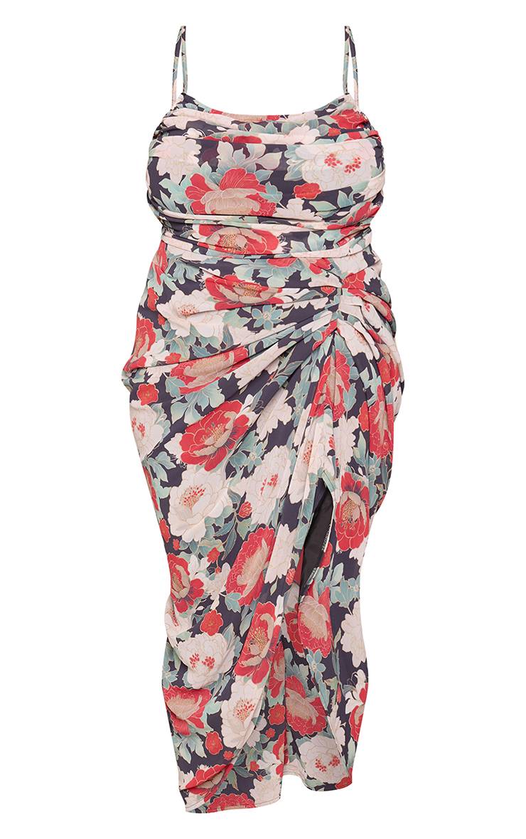 Noir Robe Midi Drapée Froncée En Mousseline À Imprimé Floral Grande Taille