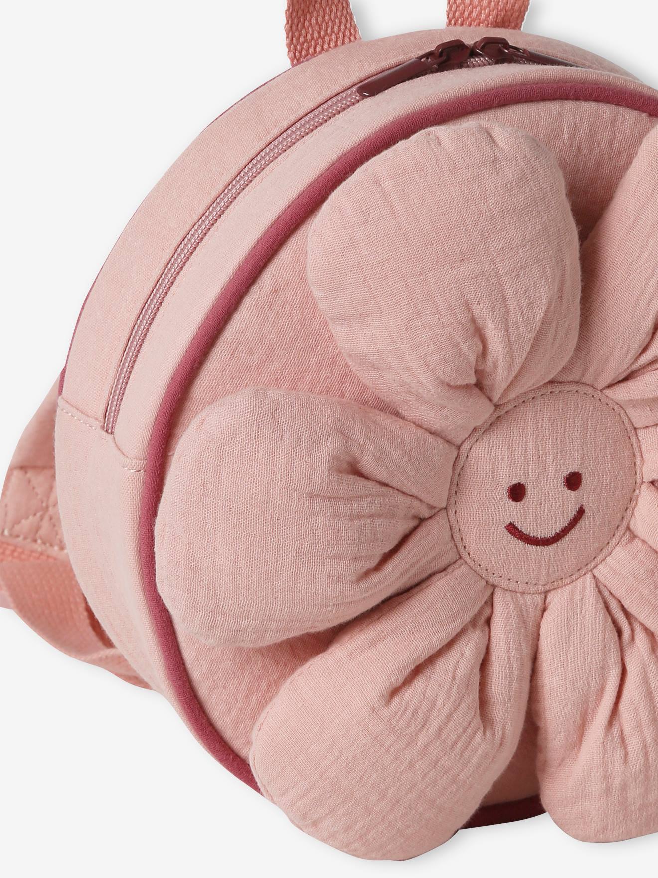 Mochila de gaze de algodão com estampa de flores para menina, ideal para pré-escola, cor rosa antigo.