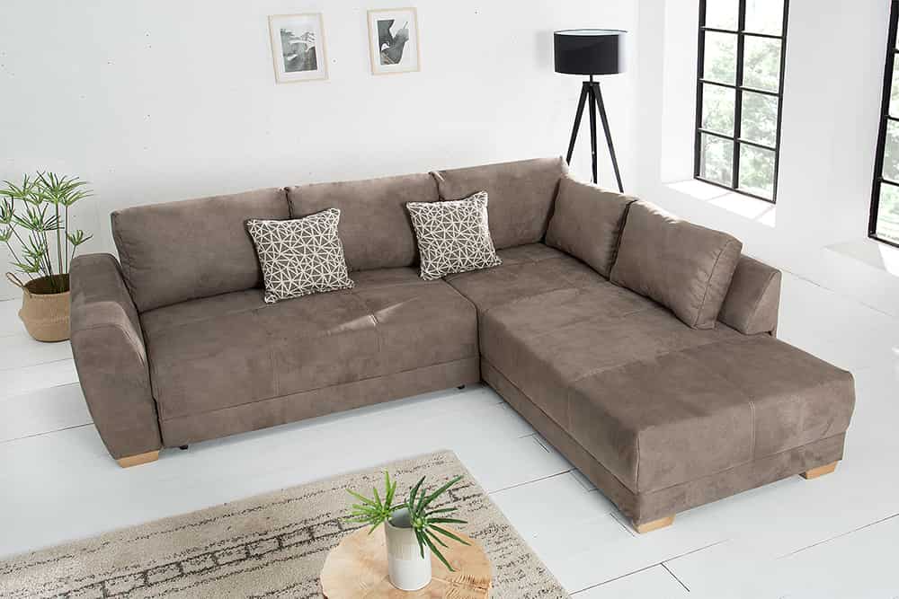 Modernes Ecksofa NORWAY 250cm taupe Microfaser Schlafsofa mit Bettkasten Federkern