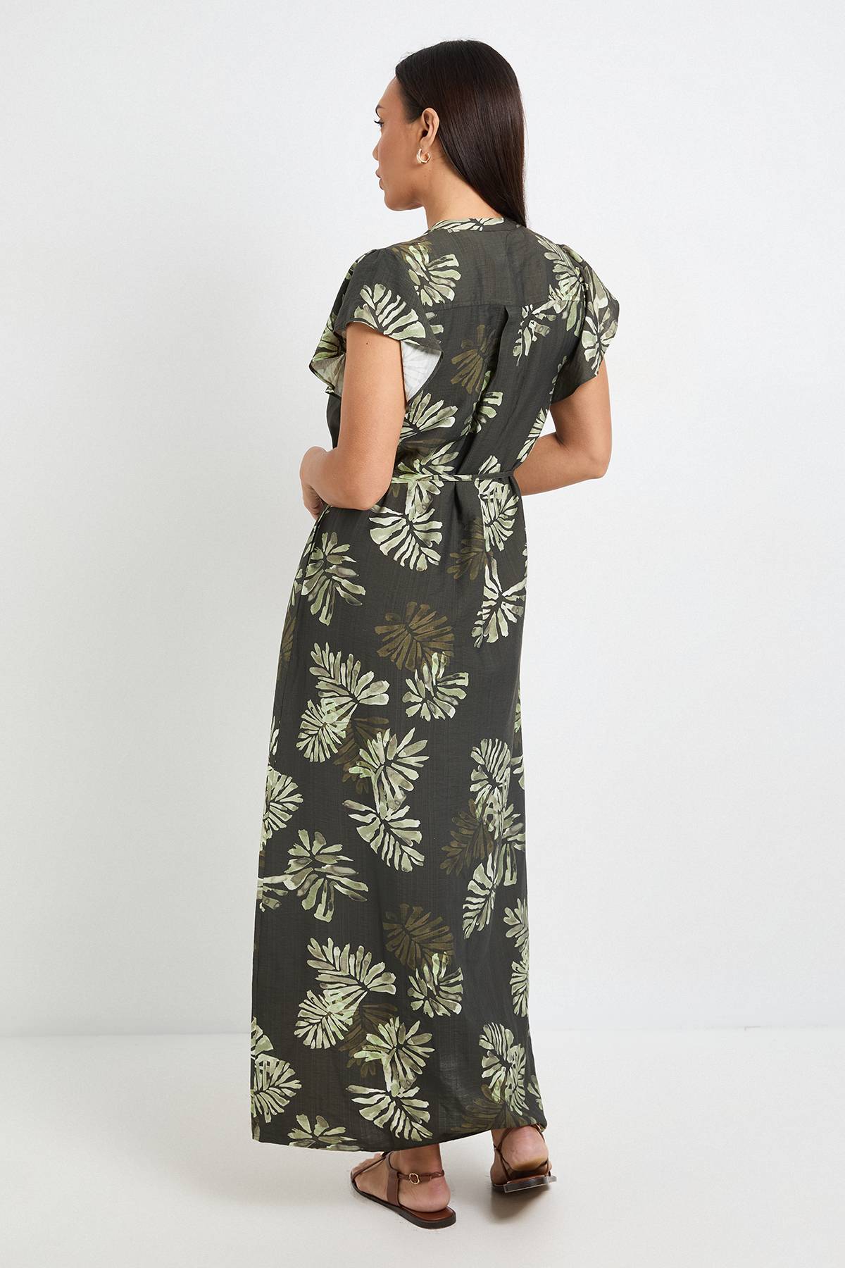 Wallis Robe Longue À Plis Nervurés Imprimé Palmier