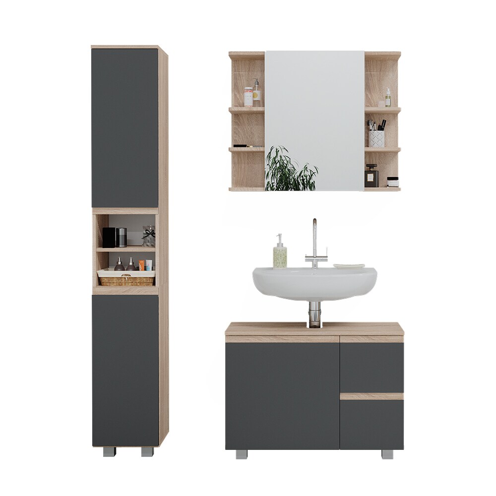 Vicco Badmöbelset J-shape Sonoma Anthrazit modern Badezimmer Schrank Badschrank Waschtischunterschrank Spiegelschrank Hochschrank Schranktür Schrankschublade Schrankfach Ablage Aufbewahrung