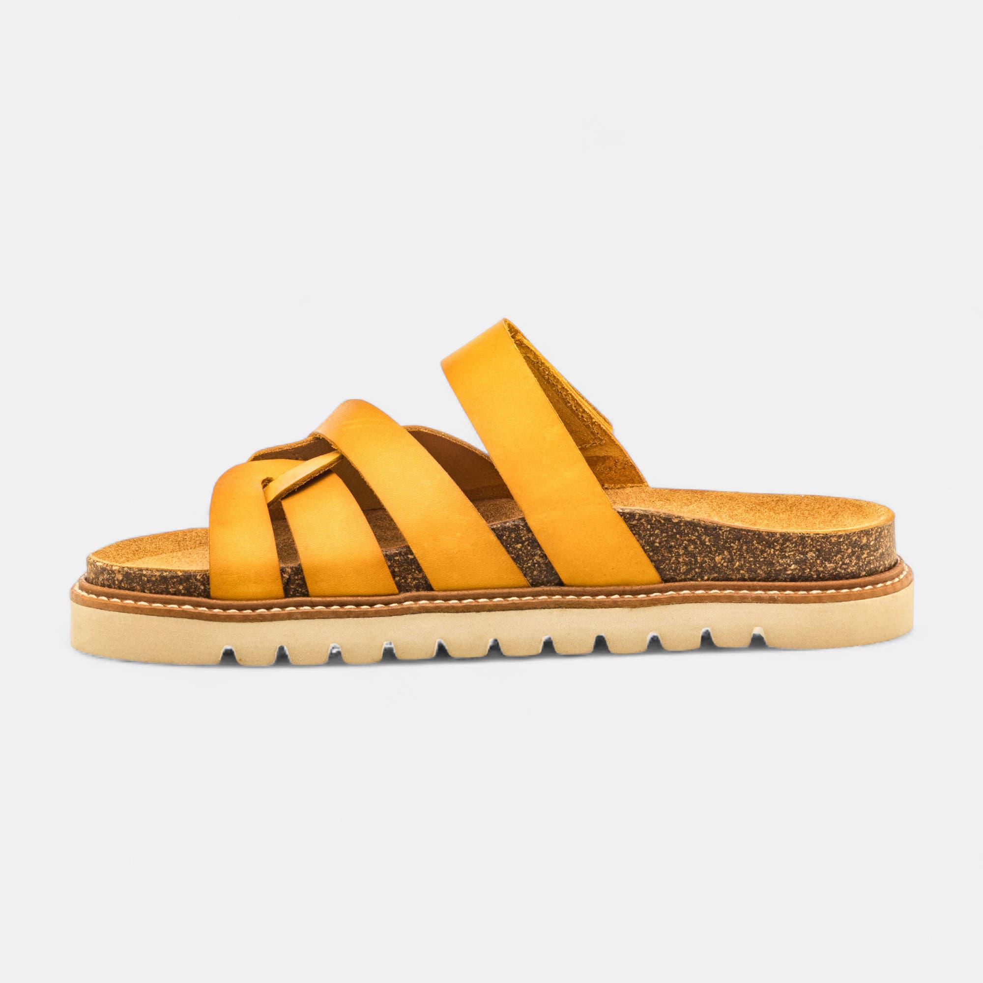 Mules semelle liège Femme en cuir jaune