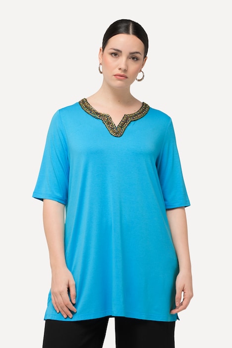 Shirt-Tunika, Stickerei, Tunika-Ausschnitt, Halbarm
