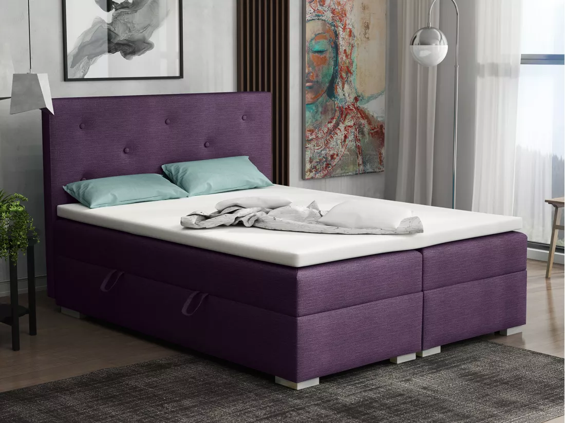 Lit Boxspring avec tiroirs de lit, Coffre de lit Topper Atlanta 140x200 cm, Orinoco 65 (Violet foncé)