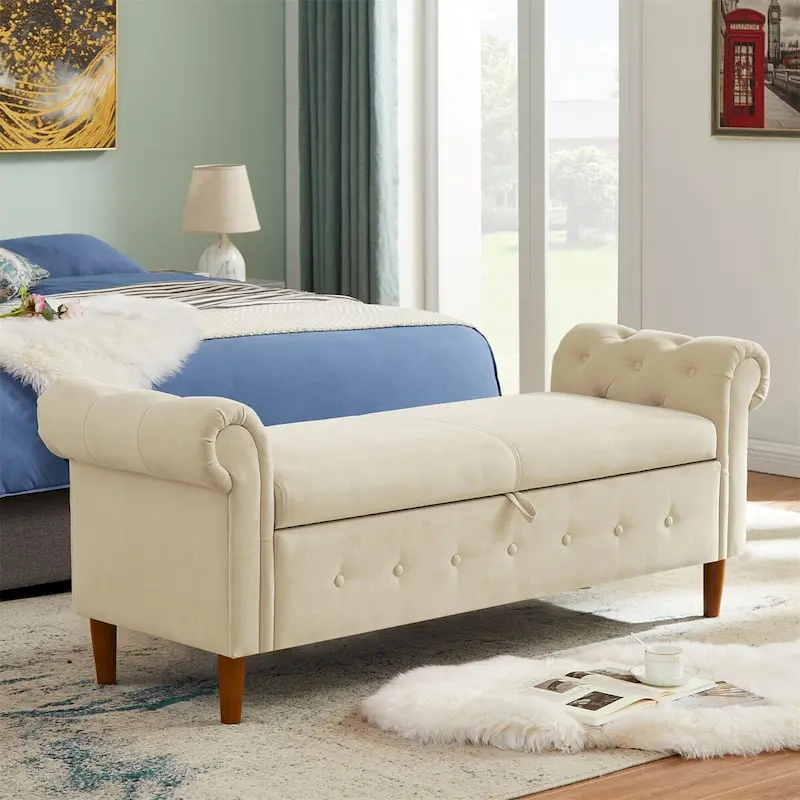 Storage Bench for Bedroom End of Bed Rolled Armed Velvet Ottoman Couch Long Bench