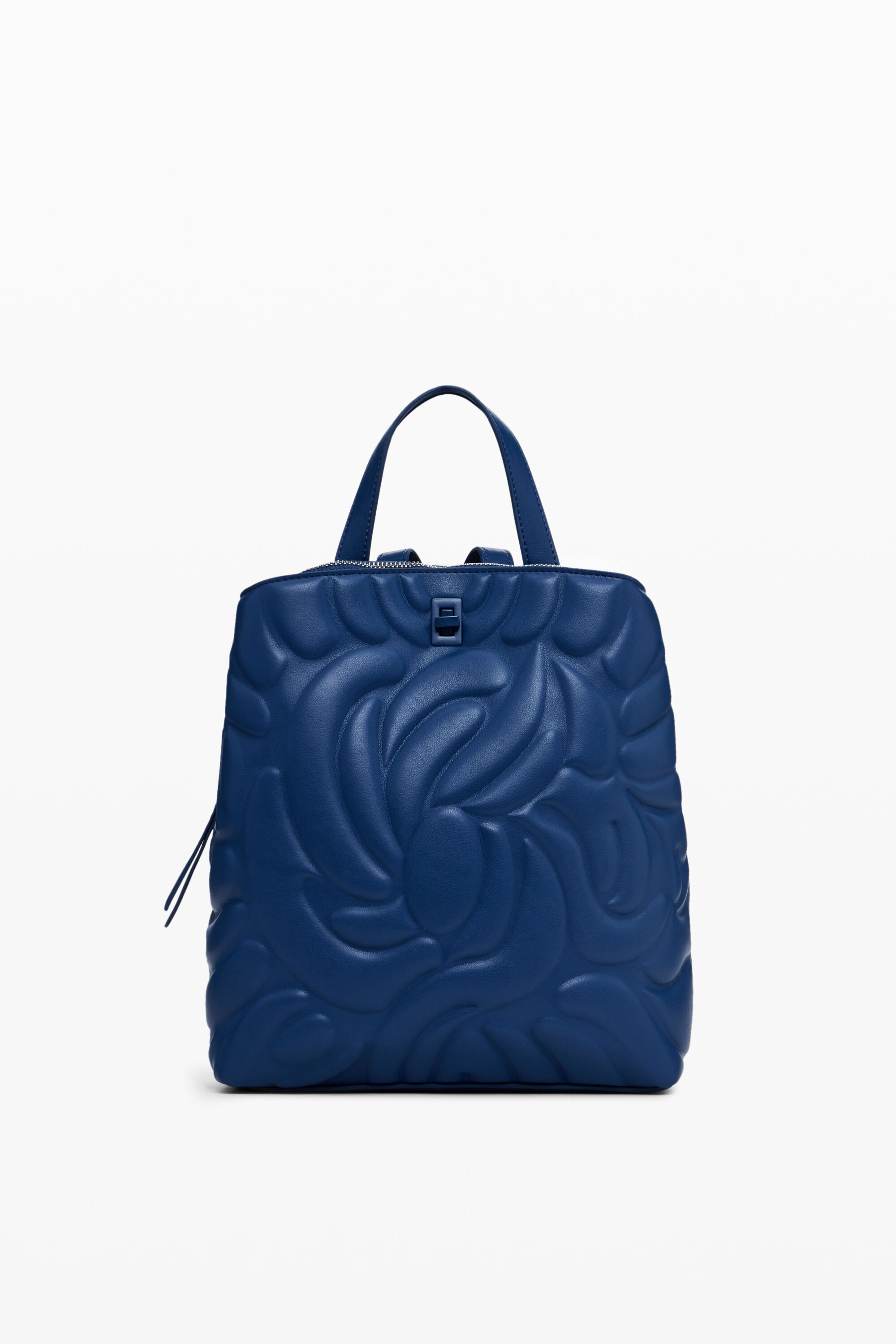 Mini mochila com estampa floral geométrica.
