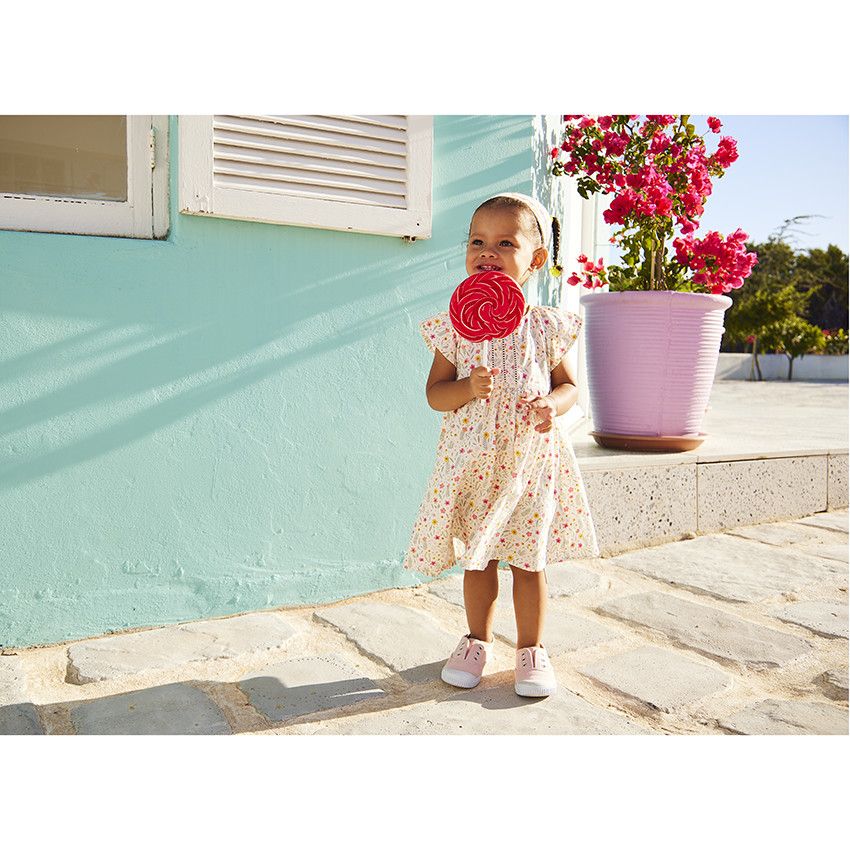 Robe en popeline imprimé fleuri pour fille - Ecru