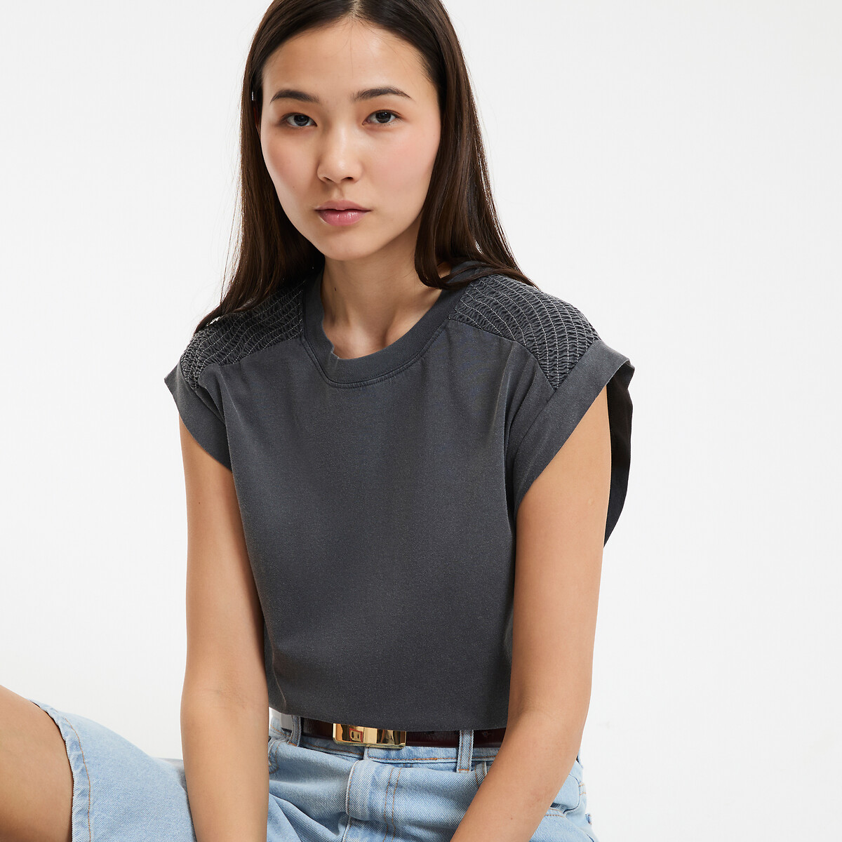 COLEÇÃO LA REDOUTE<br>Camiseta sem mangas com gola redonda e ombros franzidos