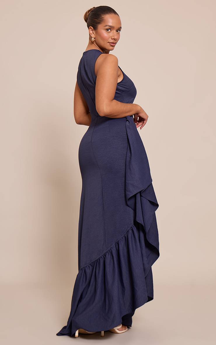 Bleu Marine Robe Maxi Moulante En Tissu Stretch À Encolure Bateau Avec Fente Latérale Et Volant
