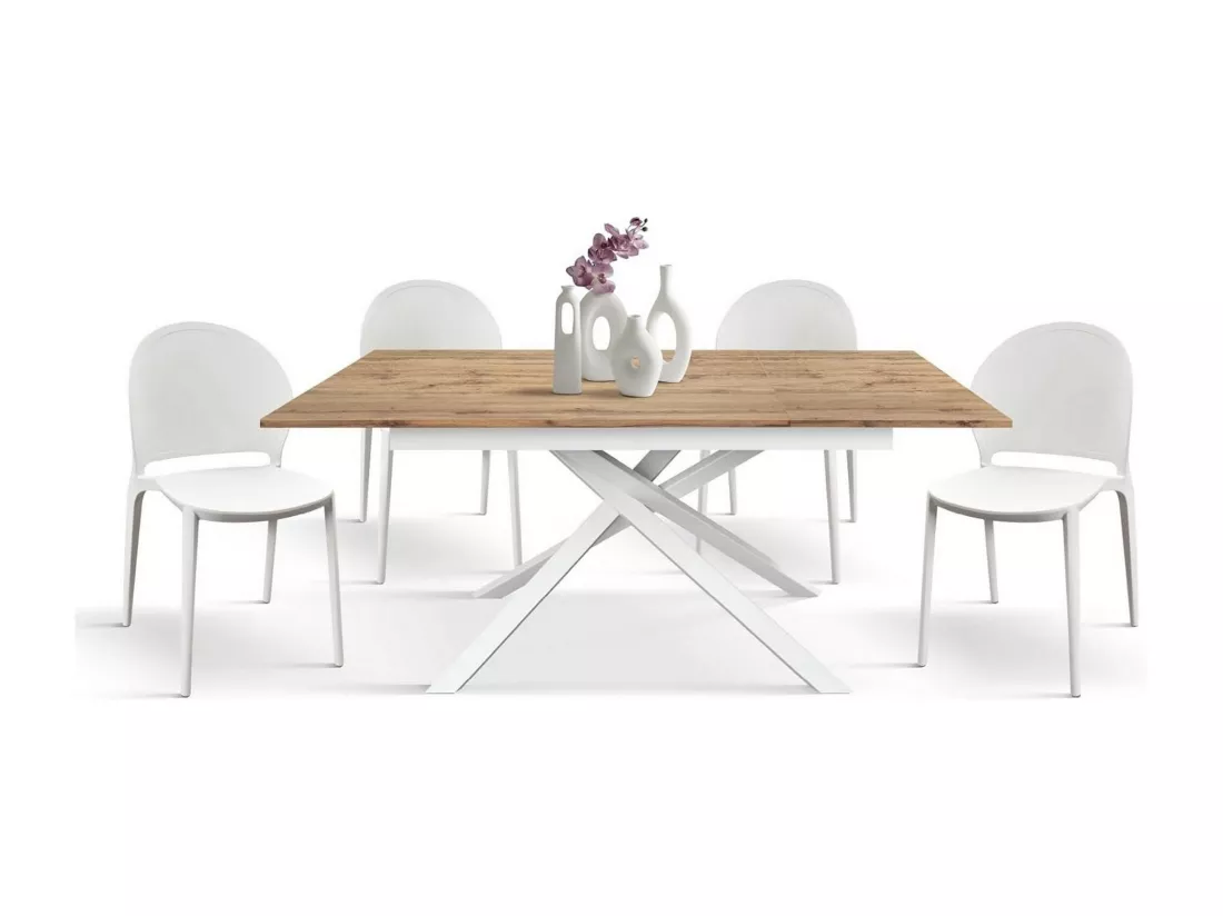 Table en bois, effet chêne, base blanche, ext.120x80-170x80cm - VOLPAIA