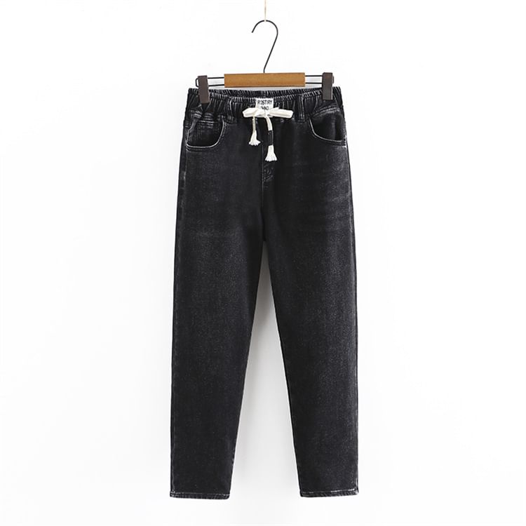 Krezol - Plus Size Trekkoord Taille Applique Washed Tapered Jeans
