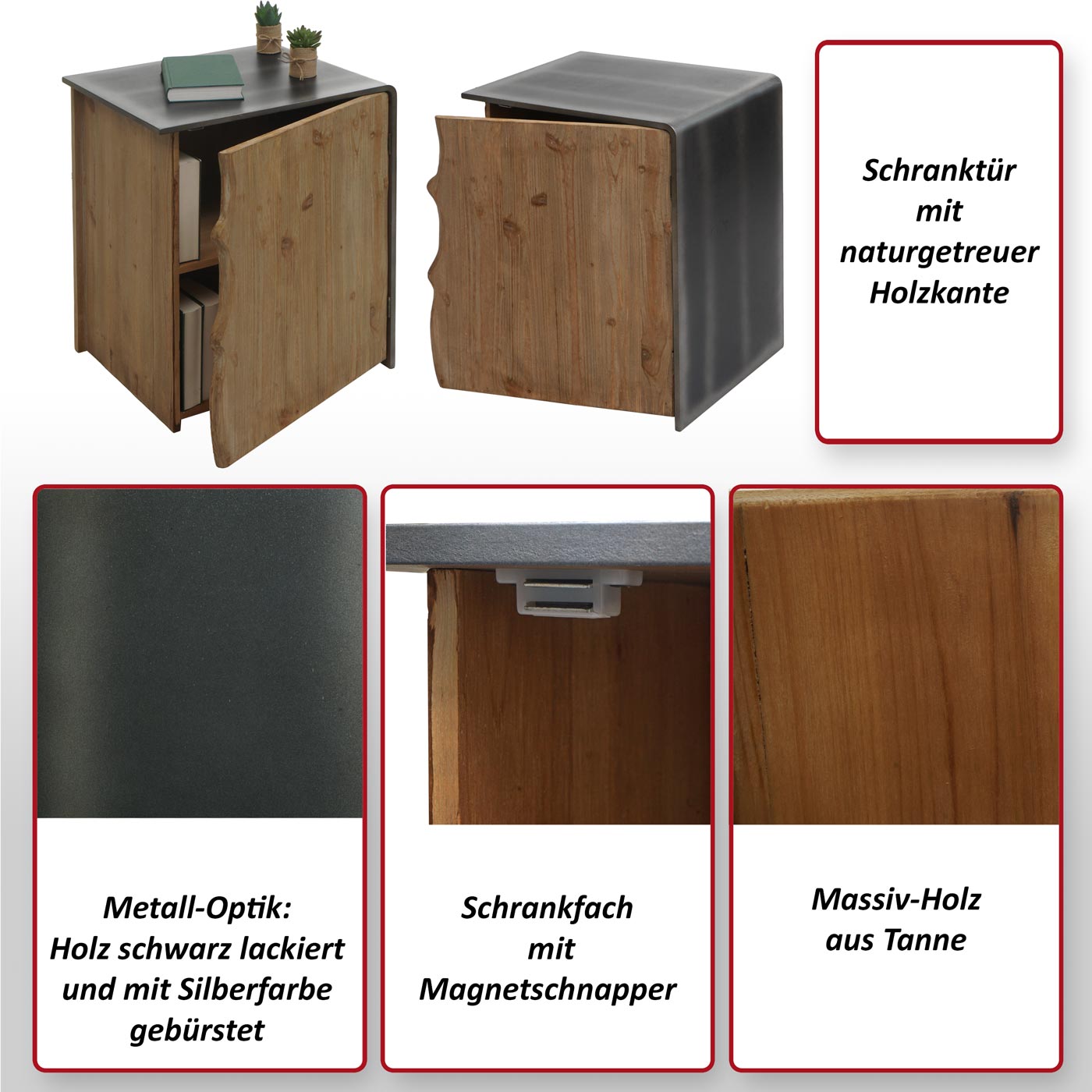 Beistelltisch MCW-L76, Kommode Nachttisch Schrank, Industrial Massiv-Holz MVG 60x50x40cm, natur mit Metall-Optik