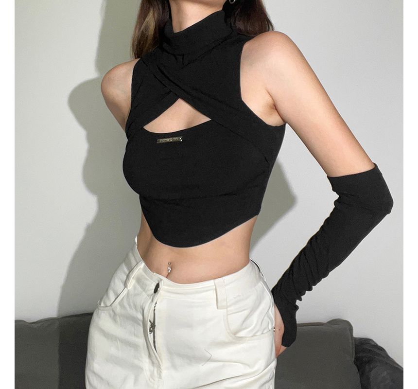 Sosana - Hoge hals, cut-out, effen, slim-fit crop top met mouwen