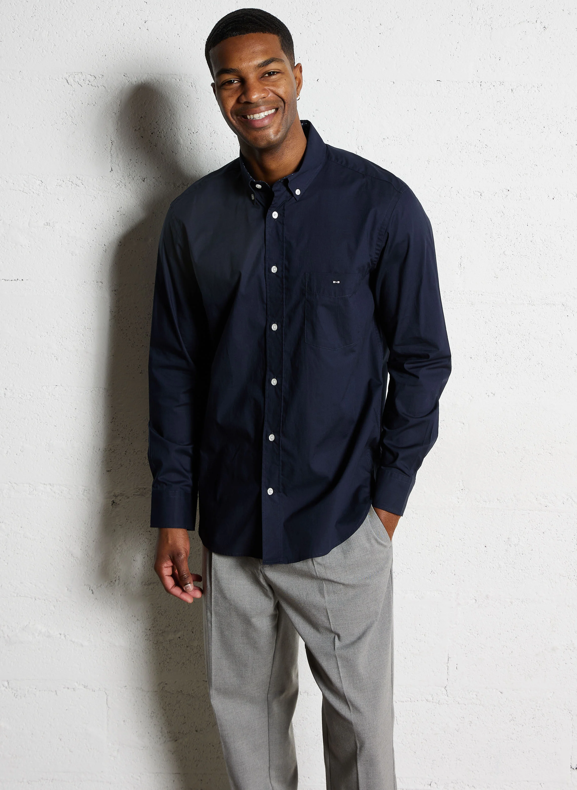 Chemise col classique droite en coton | Bleu