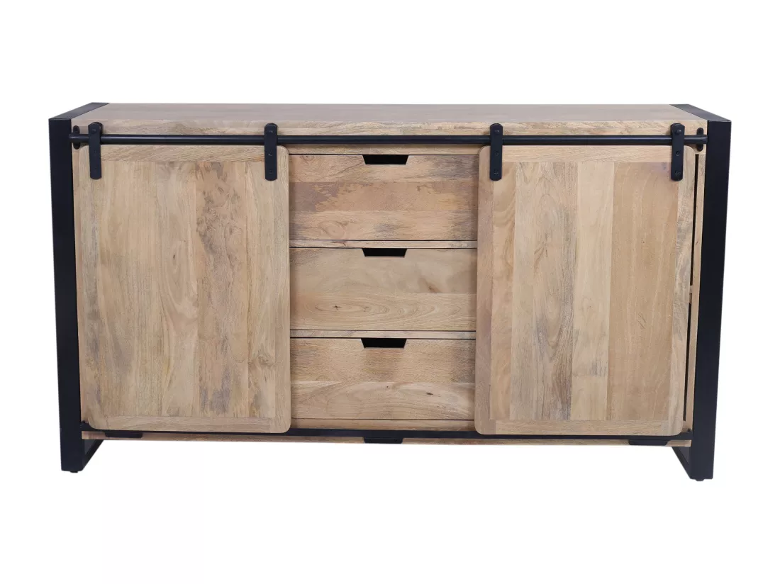 Buffet avec 2 portes et 3 tiroirs en bois de manguier et métal - Naturel et noir - HARLEM II