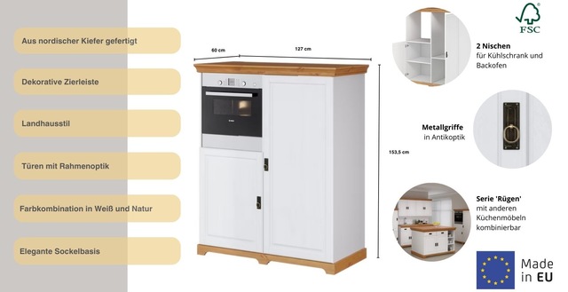 Home affaire Backofen/Kühlumbauschrank »Rügen« Breite 127 cm, Kiefer massiv, Nische für Kühlschrank