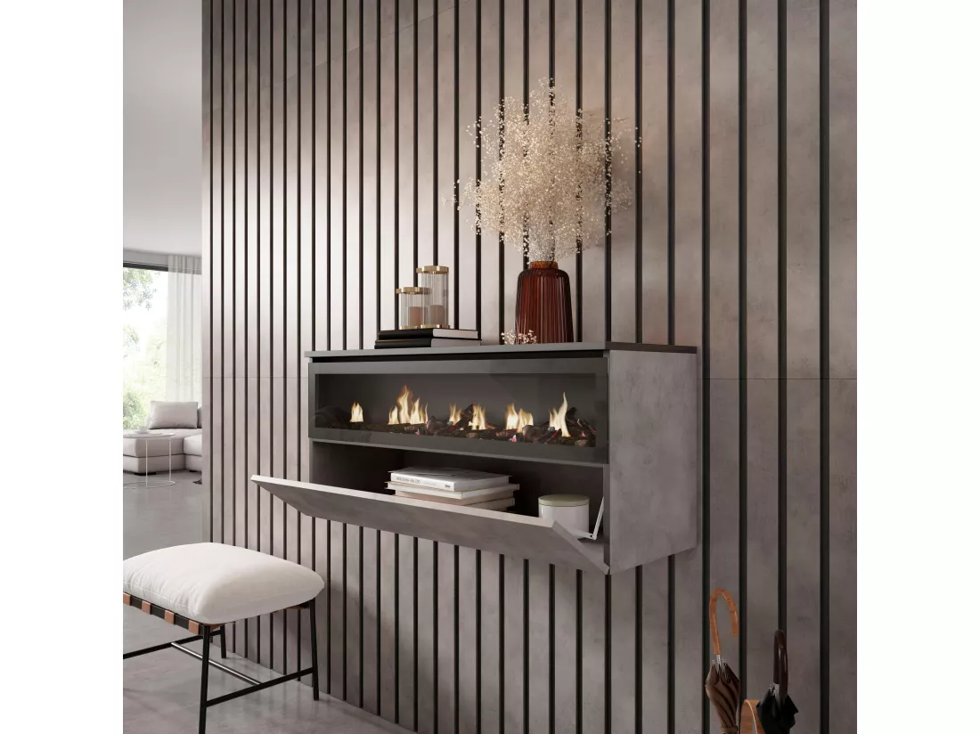 Cheminée électrique LED, 102x45x35cm, Cheminée électrique, Suspendu, Mural, Ciment