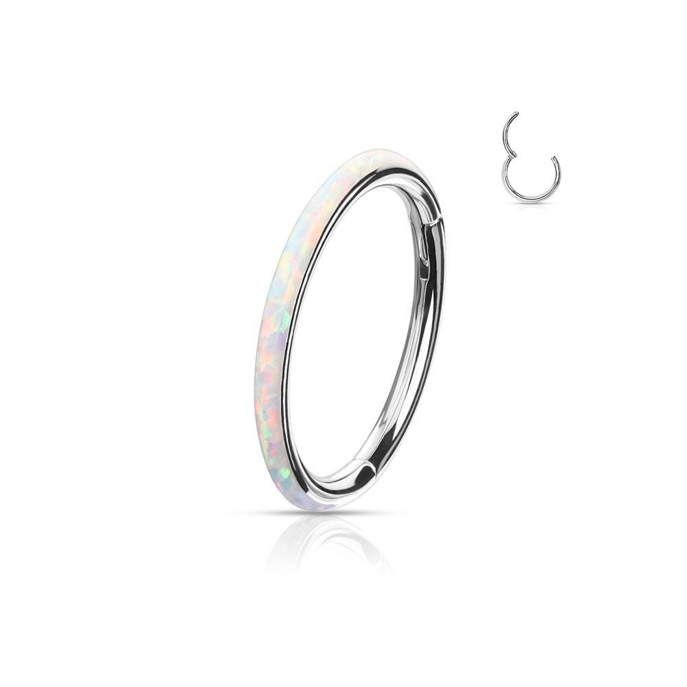 (8mm / 1.2mm) Tragus / Helix G23 Titan Ohr Piercing Klickverschluss Opal Ring - Silber / Weiss