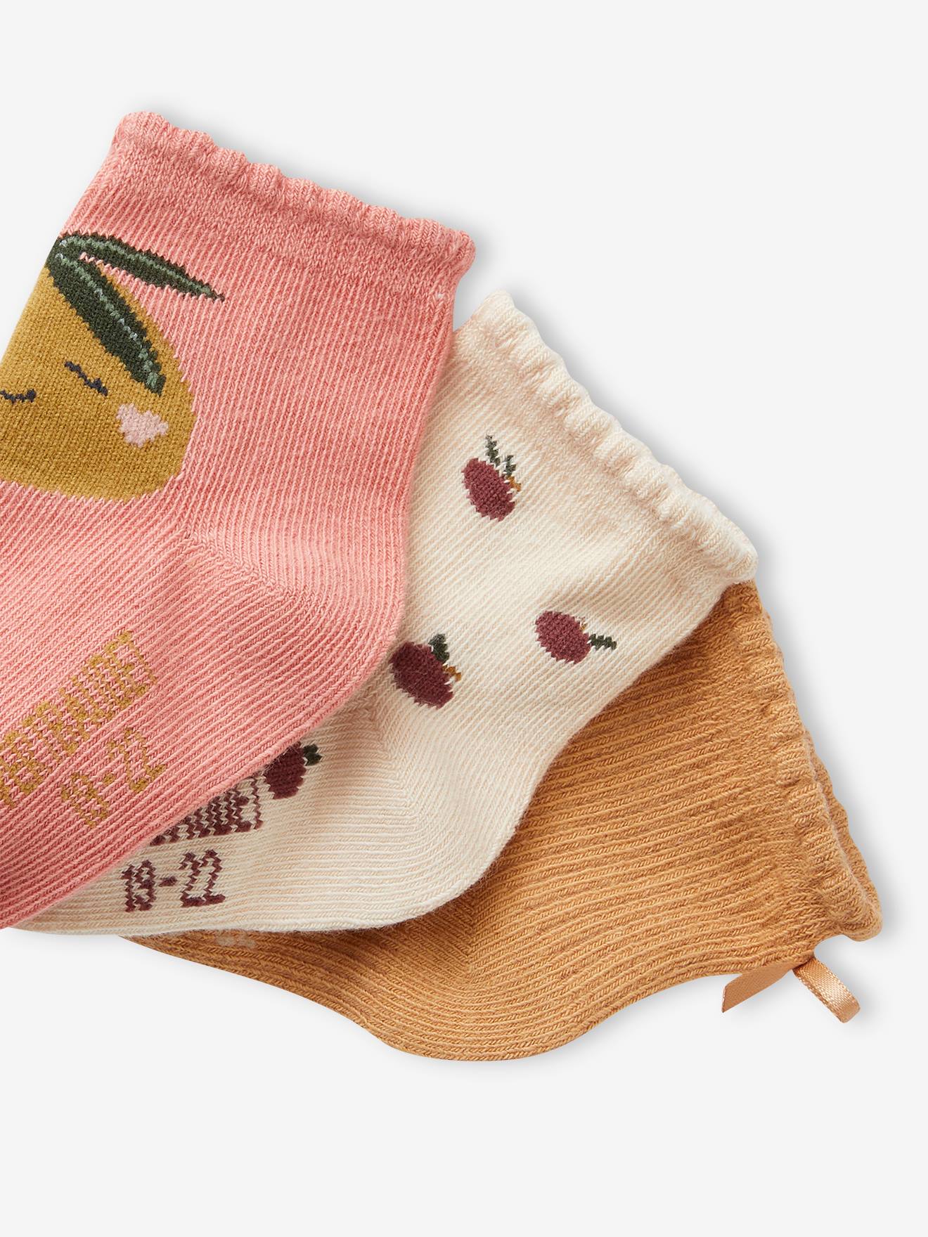 Pacote com 3 pares de meias vintage rosa para bebê menina.