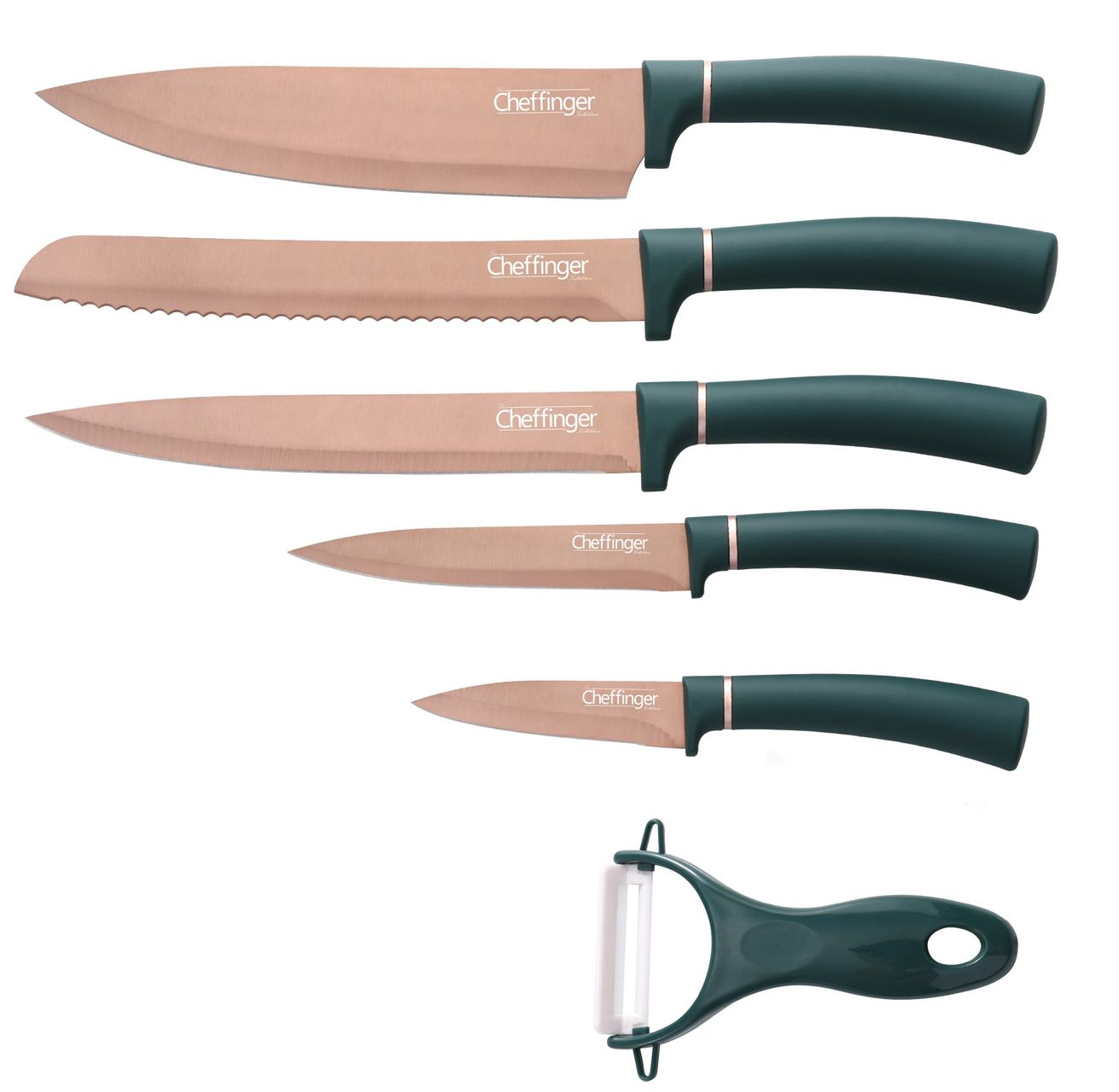 Cheffinger 6 Teile rose gold grün Messerset Messer Fleischmesser Brotmesser