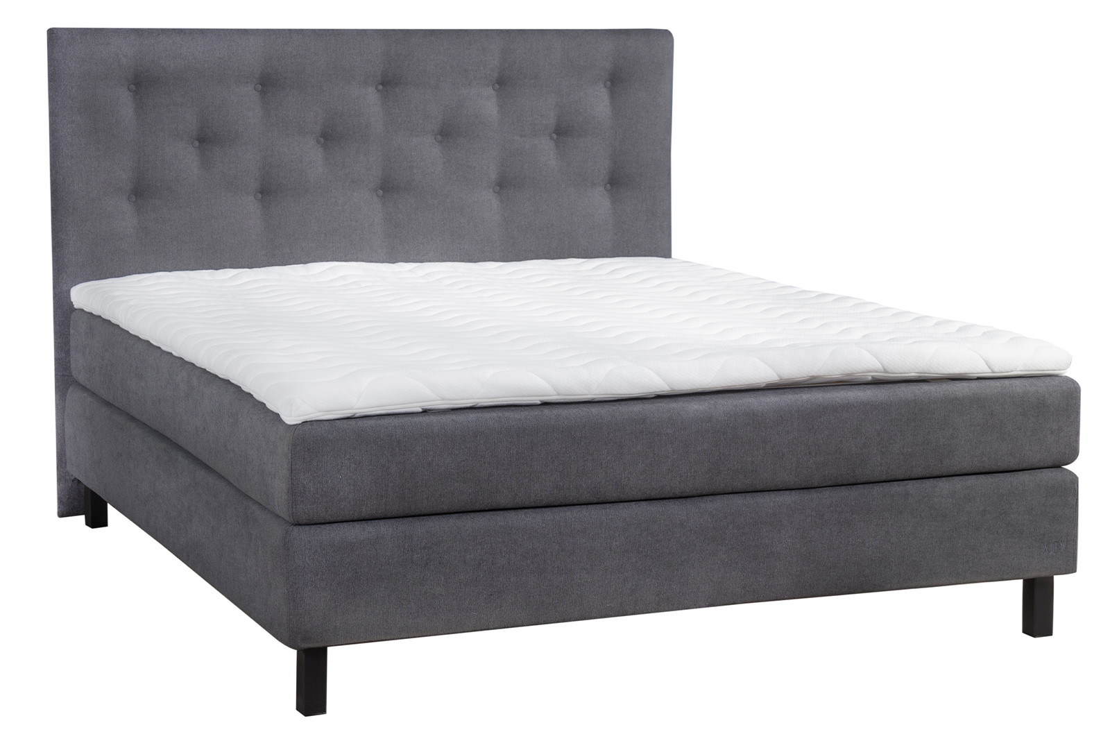Komfort 5 kontinentalseng 180x200 cm i tekstil Primo mørk grå 96 med medium/fast fasthet, Komfort 5 overmadrass og firkantet sorte ben 15 cm