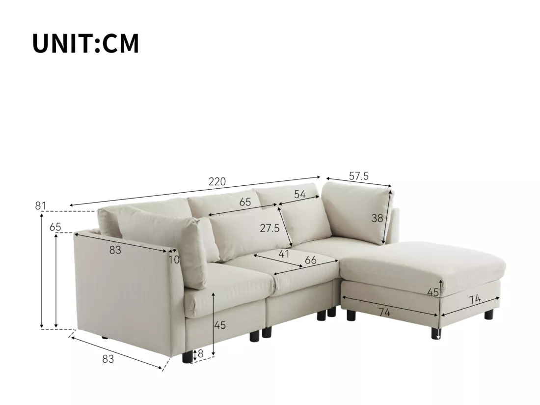 Canapé d'angle 3-4 places, meubles rembourrés en forme de L, tissu en lin, 220x83x81cm, beige
