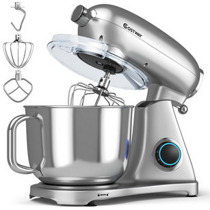 Batedeira de pedestal em aço inoxidável prateado, 800 W, 7 qt (aproximadamente 6 litros), 6 velocidades, com cabeça inclinável.