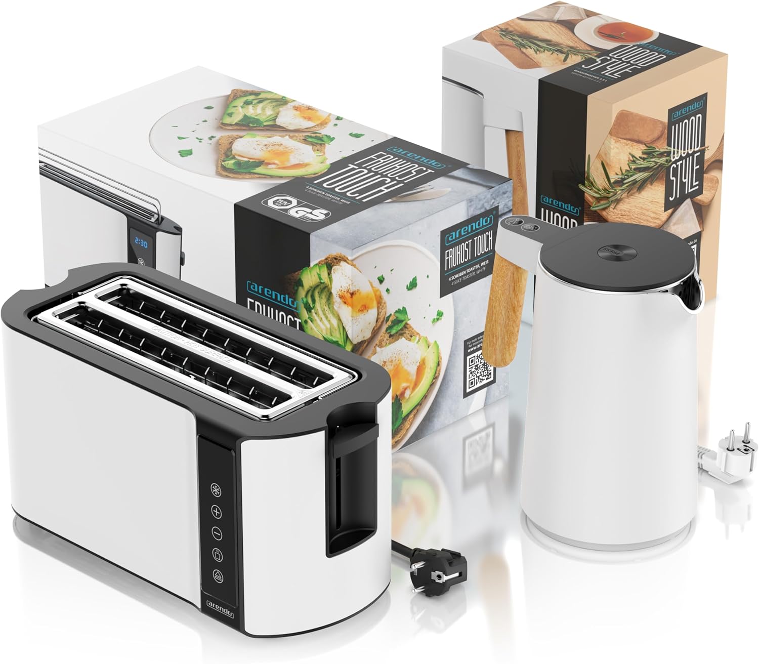 Arendo - Wasserkocher Toaster SET - Edelstahl - Wasserkocher mit Temrpatureinstellung - 45-100 Grad - Warmhaltefunktion - Toaster 4 Scheiben mit Touch Display - mit Brötchaufsatz - Weiß Matt