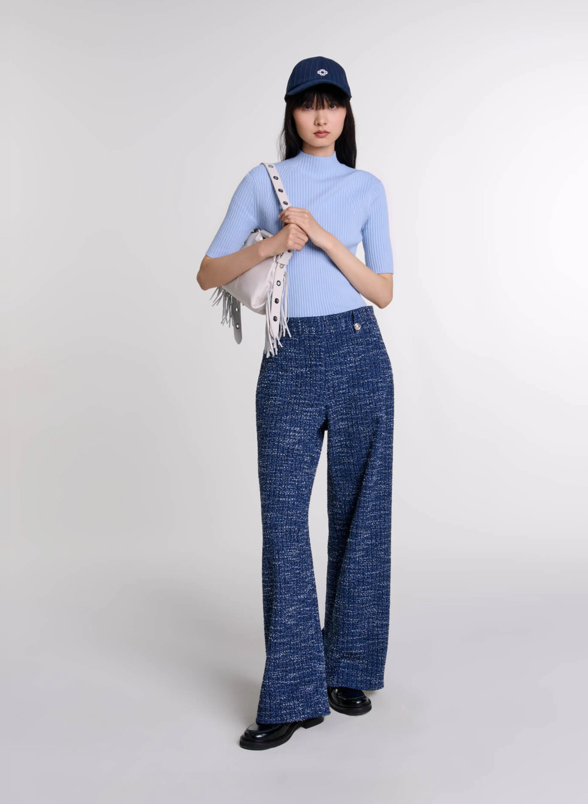 Pantalon large effet tweed en coton mélangé | Bleu