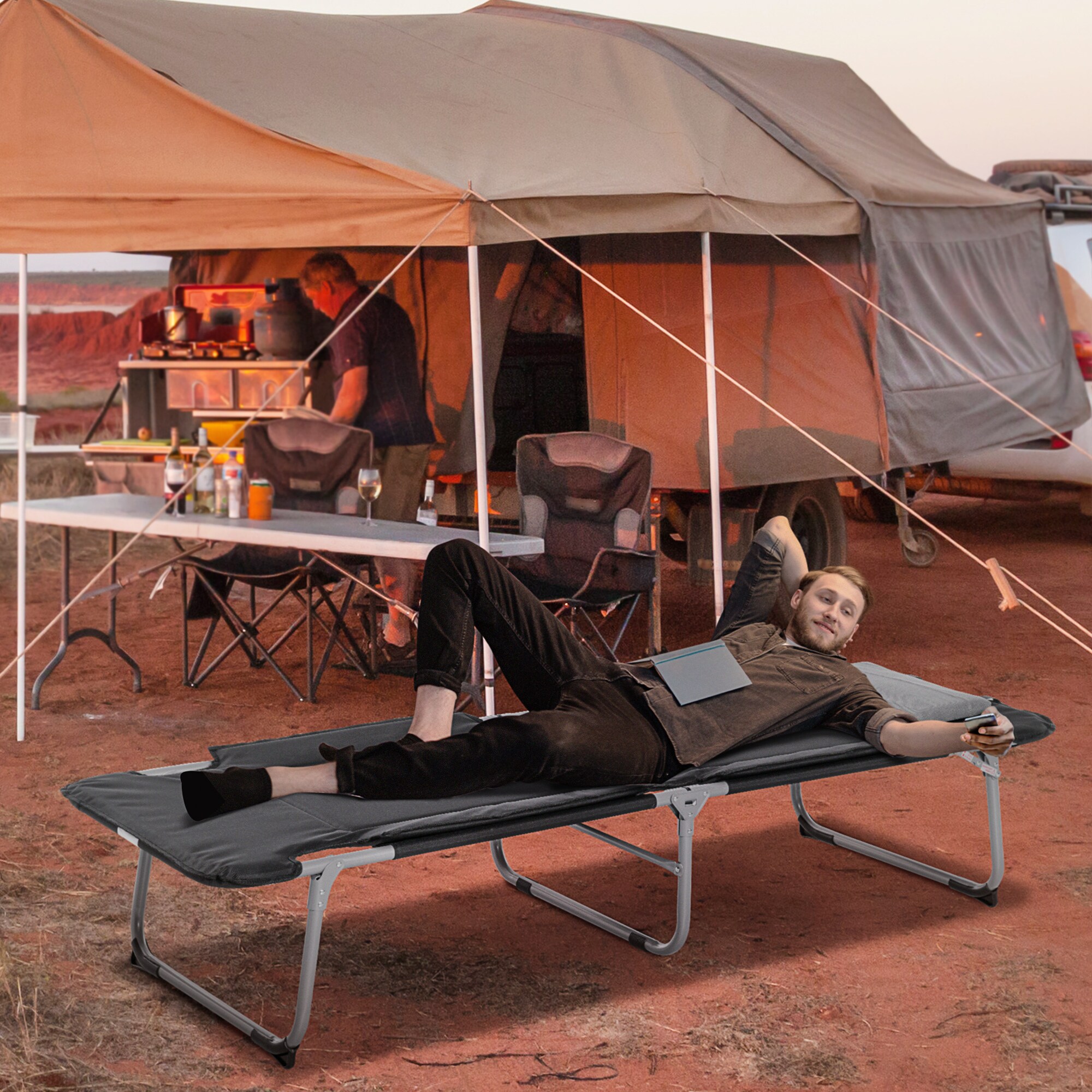 Outsunny Campingbett mit rutschfesten Füßen schwarz, silber 183 x 66 x 33 cm (LxBxH)