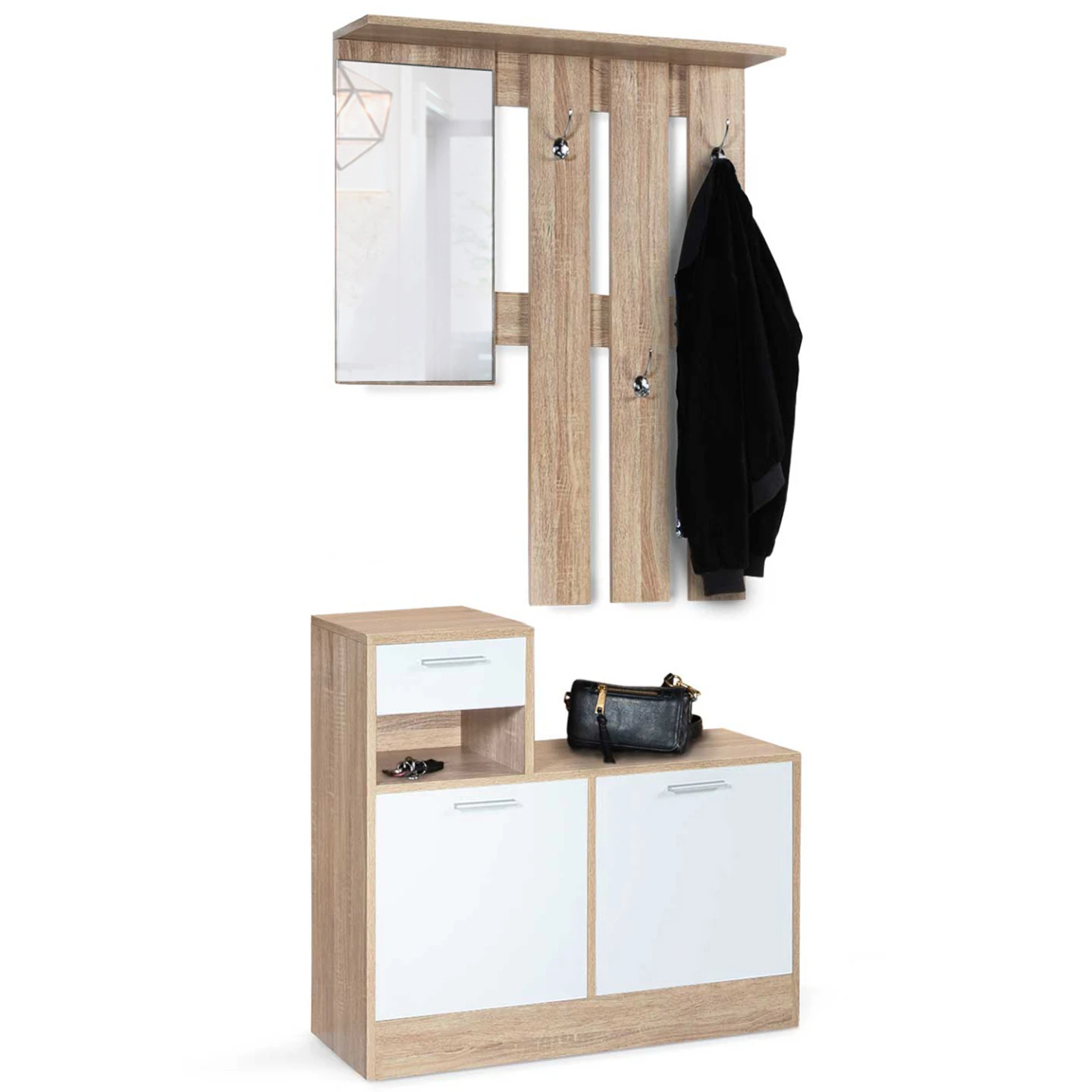 Vestiaire d'entrée avec miroir PAULIN design hêtre portes blanches