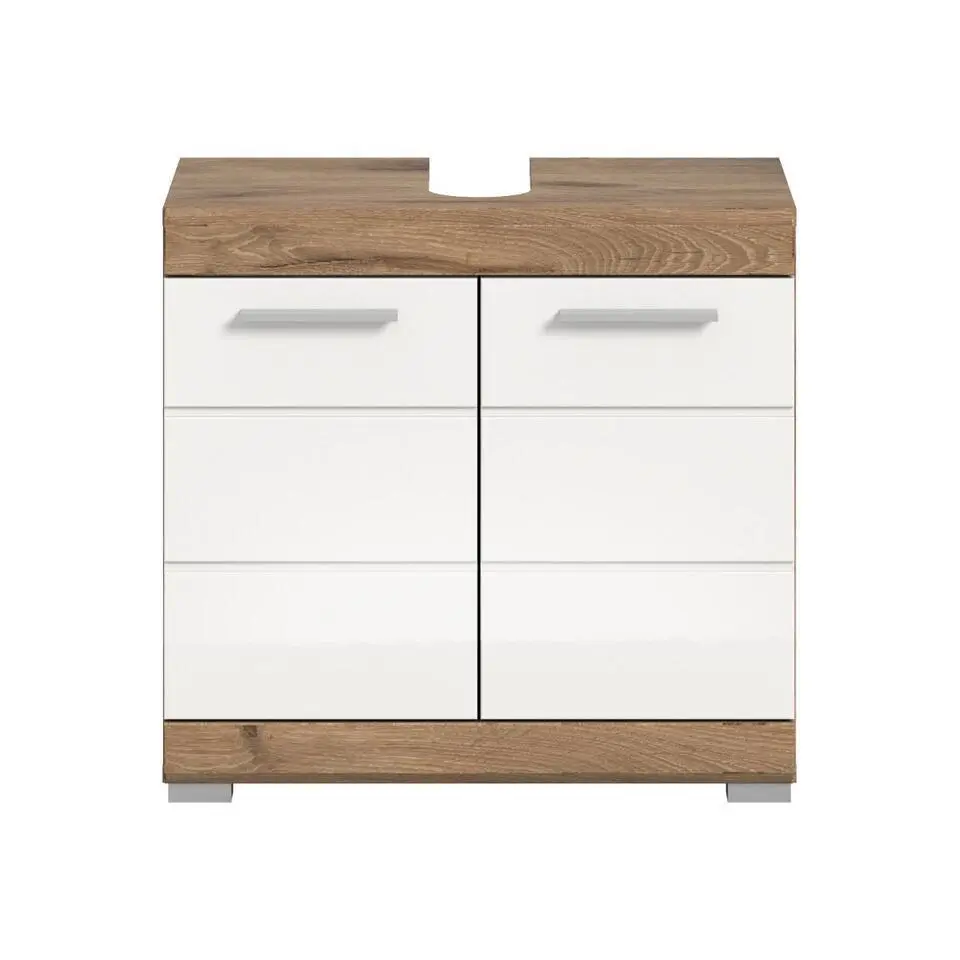 Hioshop Wave wastafel 2 deuren wit hoogglans- eiken decor