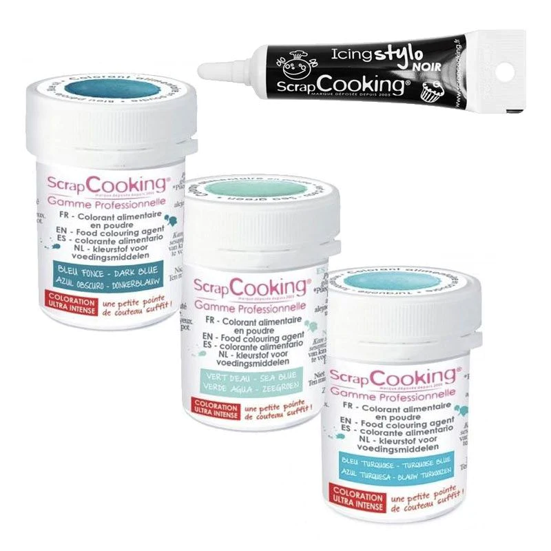 3 colorants alimentaires Bleu des mers + Stylo de glaçage noir Scrapco