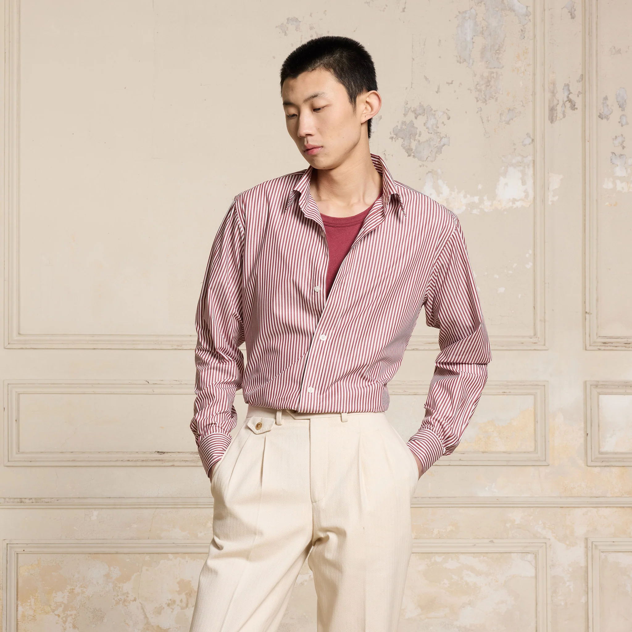 Burgundy and white striped poplin shirt