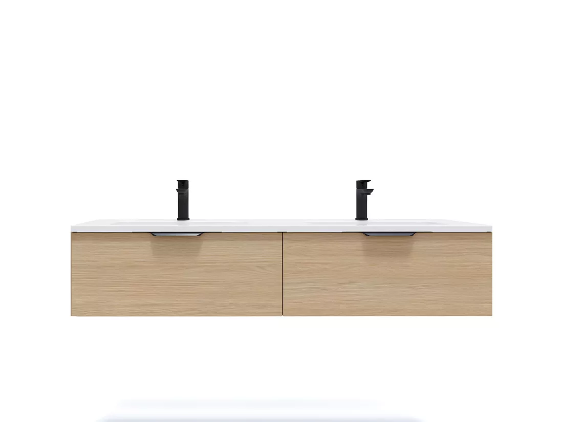 Meuble de salle de bain suspendu double vasque intégrée 140cm 2 tiroirs Chêne clair - Soho