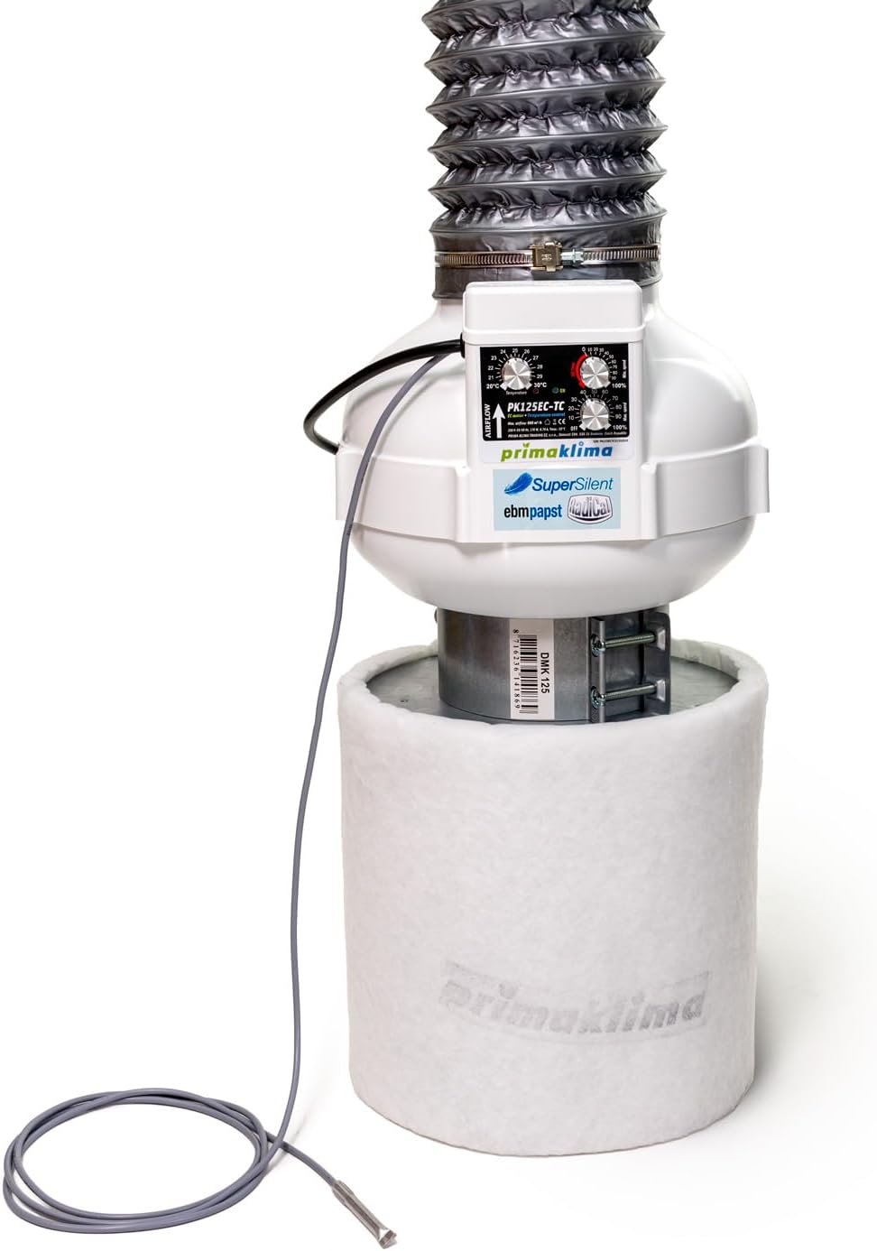 Prima Klima PKVS-125EC-TC Ventilation Set up to 680m³/h Complete Kit with EC and Temperature Control EC Technology Fan, Carbon Filter and Accessories.