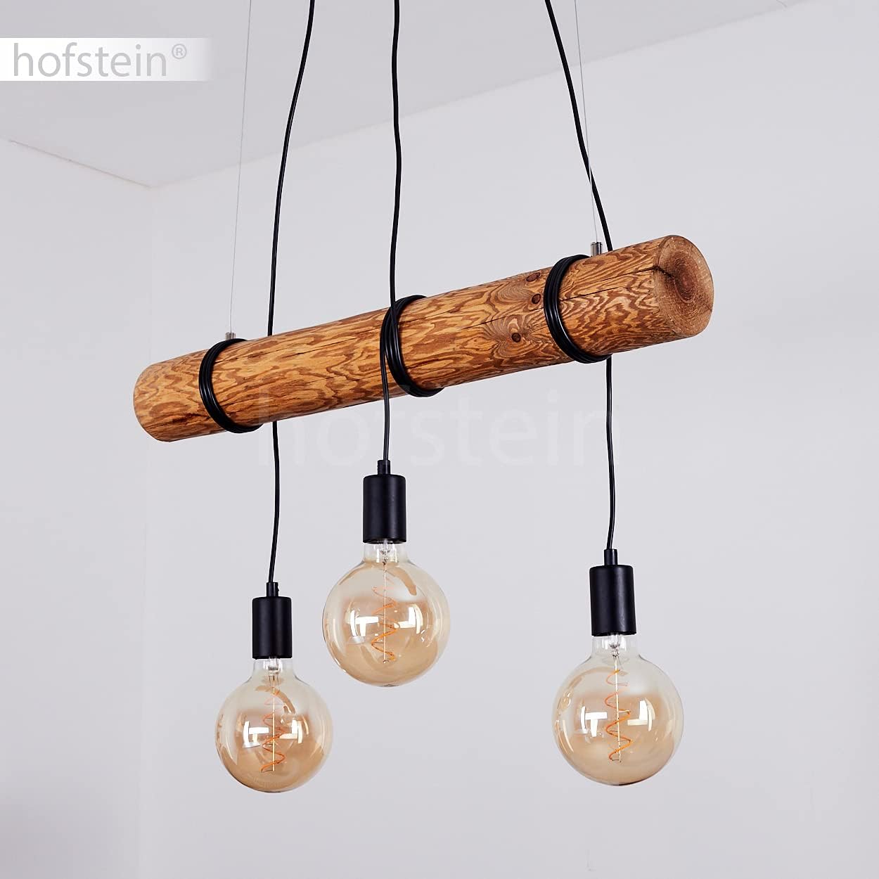 Pendelleuchte Canedo, 3-flammige Hängelampe aus Metall/Holz in Schwarz/Braun im skandinavischen Design, Hängeleuchte mit Holzstab und Fassungen aus Metall, 3 x E27, ohne Leuchtmittel