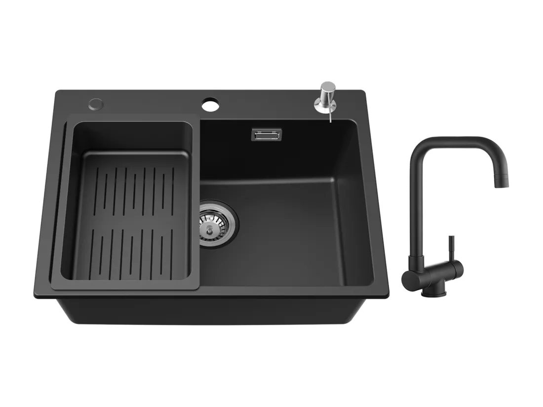 Cecipa max Evier en Quartz 60*45cm, avec Panier de Vidange et Distributeur de Savon Gratuits + Mitigeur Rabattable Robinet Pliable Sous Fenêtre Noir