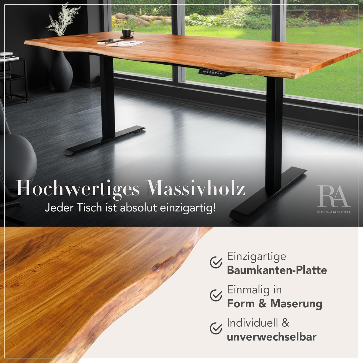 Riess Ambiente Höhenverstellbarer Schreibtisch Mammut - 160cm - Natur schwarz - Akazie Massivholz - elektrisch Baumkante