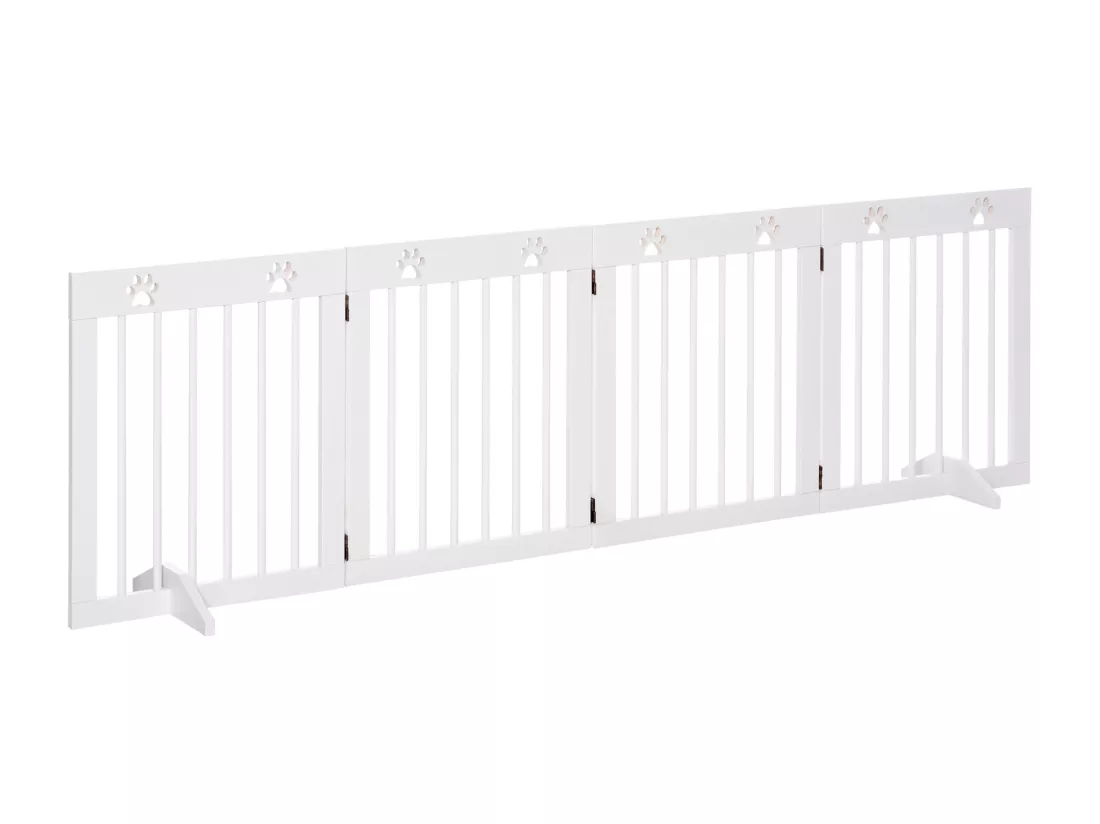 Barrière de sécurité pour animaux - barrière modulable pliable 4 panneaux - motif patte - 2 pieds support - bois de pin blanc