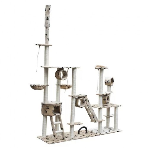Arranhador de luxo para gatos na cor bege com estampa de patas.